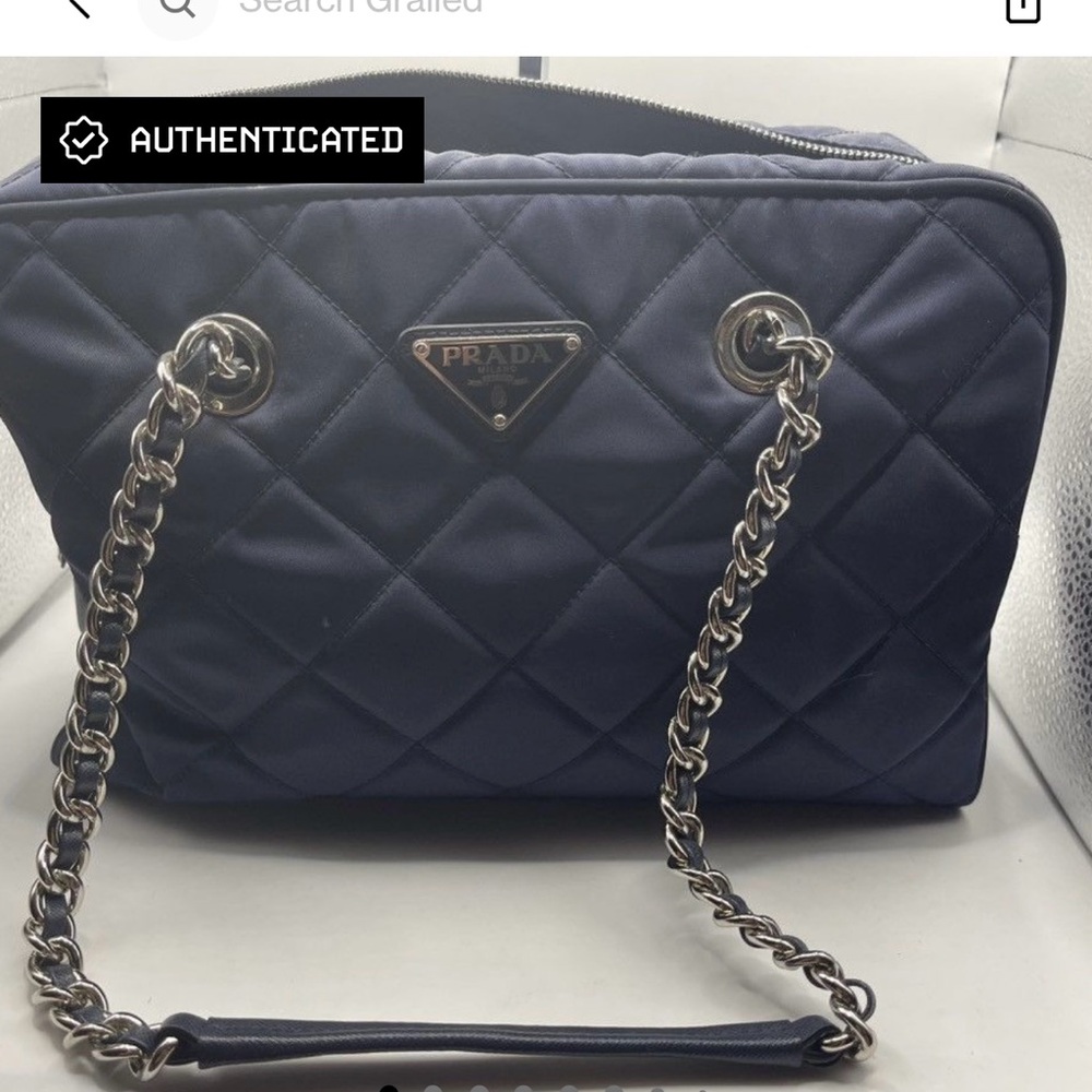 Prada Blue Quilted Shoulder Bag with Silver Chain
